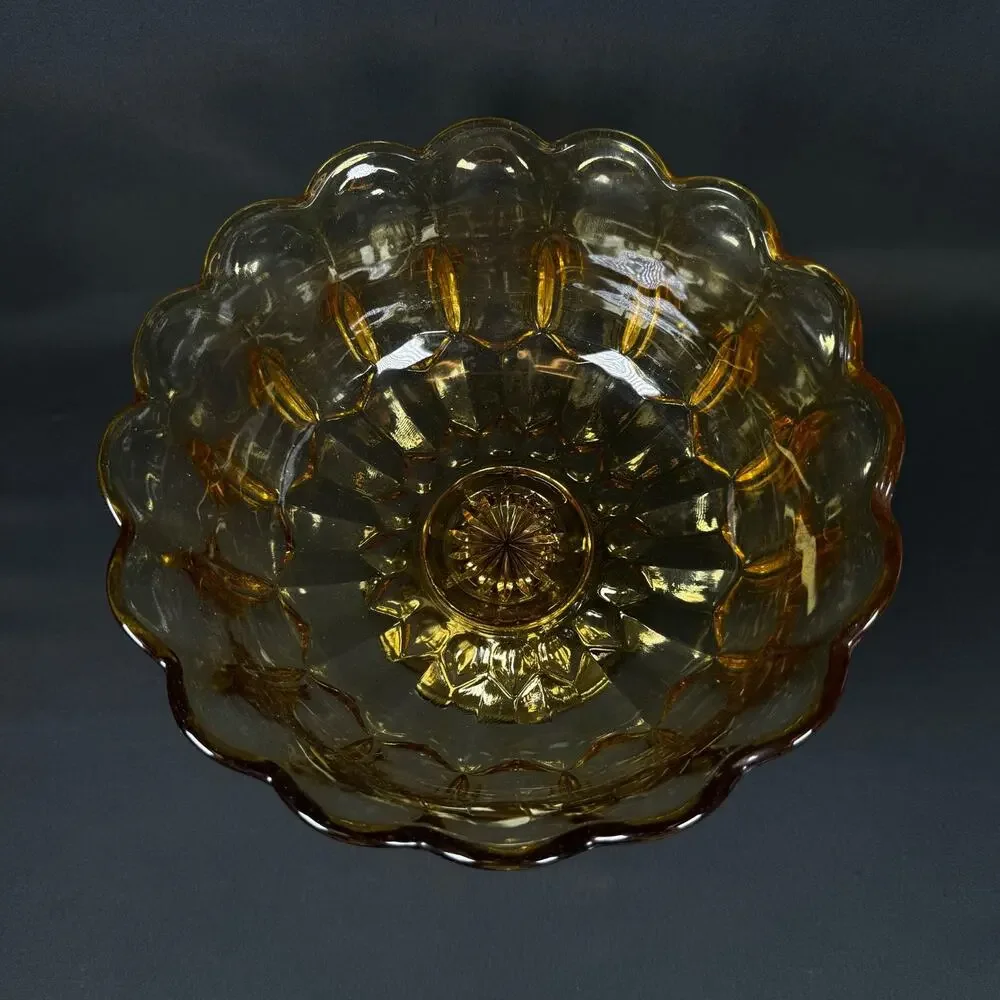 Vintage Amber Scalloped Edge Pedestal Bowl heavy weighted yellow glass